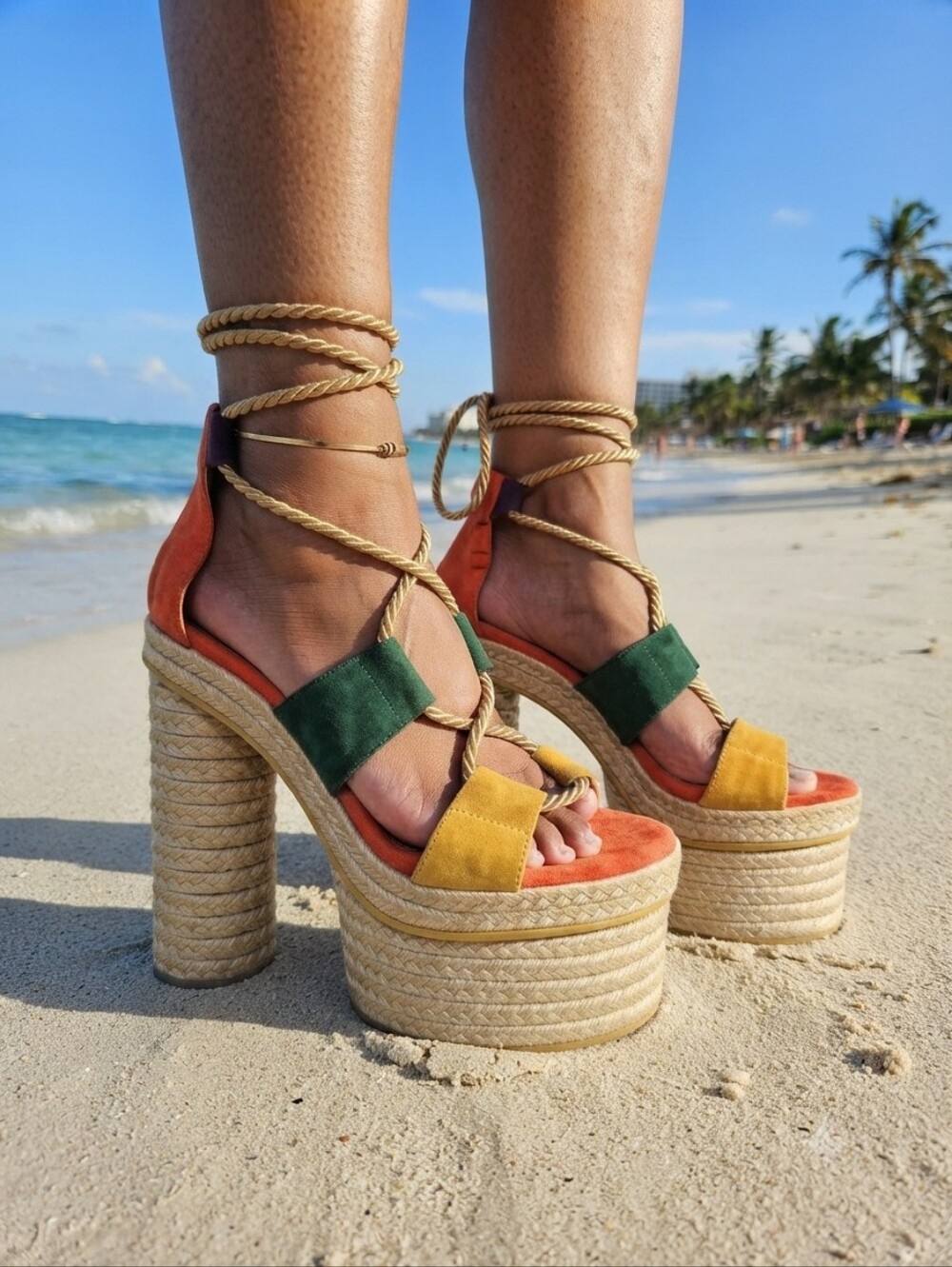 Vibrant Colorblock Platform Espadrille Lace-Up Sandals. US 6.5